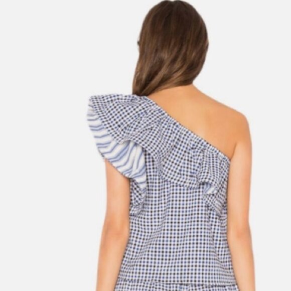 Misa Blouse One Shoulder Top Ruffled Blouse Gingham Plaid  Blue White Size Small - Picture 6 of 10